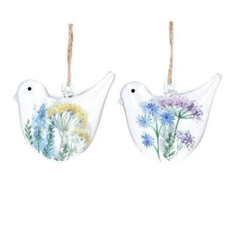 Bird shaped hanging clear glass decoration with yellow blue and purple floral spring meadow detail. The perfect addition to your home for Easter and Spring. By Gisela Graham.